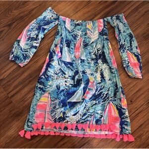 Lilly Pulitzer Trina Beach Dress Sparkling Blue Hey Bay Bay Sz XS Off Shoulder